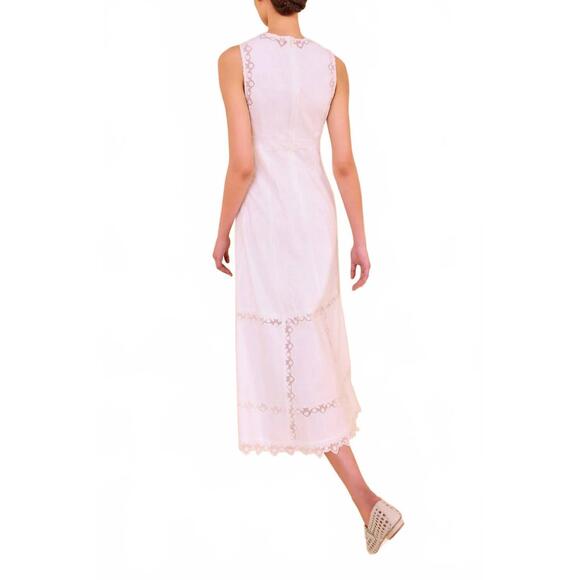 ulla johnson anela sleeveless midi dress Ulla Johnson Anela sleeveless midi dress in chambray The Anela Dress is made from soft, water-washed cotton that's enlivened by geometric ribbon embroidery and tulle appliqus for a play on transparency
